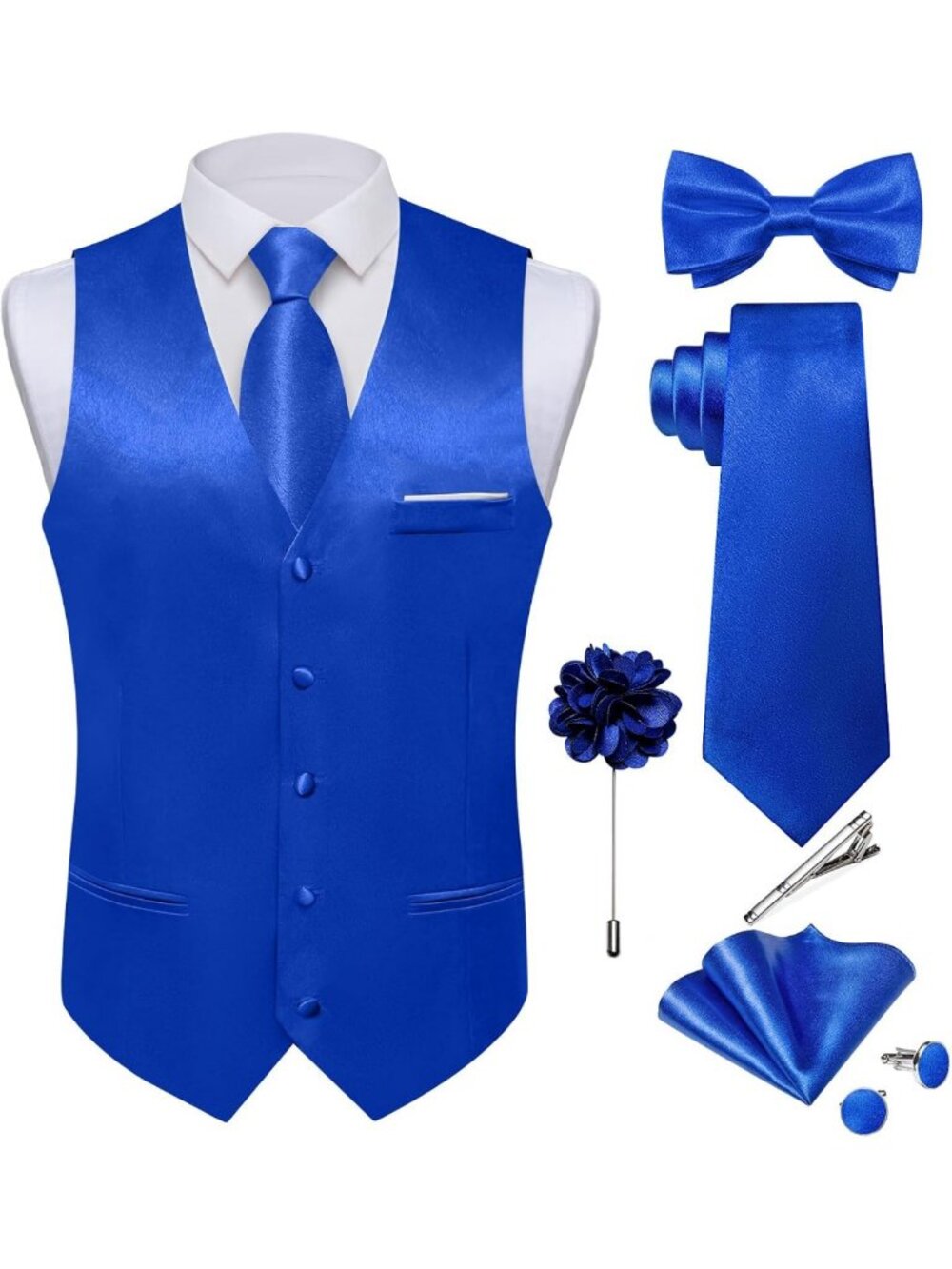 Men's Satin Waistcoat & Bowtie Set - 8PC Formal Tuxedo Vest with Lapel Pin for